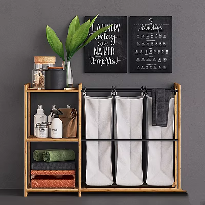 Bamboo Laundry Organizer Rack With Supplies Towels Storage Bags And Green Plant 3d model