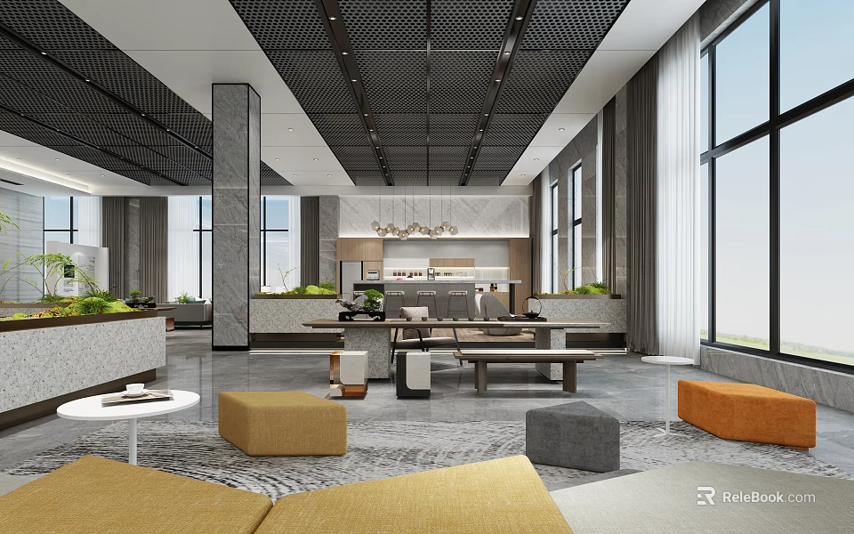 Modern Open Lounge Area With Large Windows Gray Orange Seating And Green Plants 3d model 