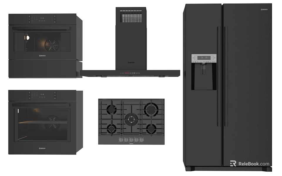 Stylish Black Modern Kitchen Appliances Including Oven Range Hood Gas Stove And Refrigerator 3d model 
