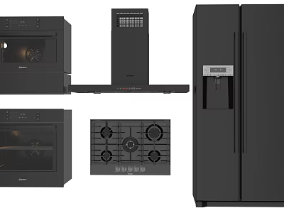 Stylish Black Modern Kitchen Appliances Including Oven Range Hood Gas Stove And Refrigerator 3d model