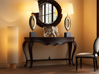 Elegant Entryway Console Table With Round Mirror Table Lamps And Elephant Figurine 3d model