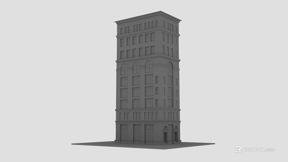Gray Multi Story Building Model With Windows And Ground Floor Entrance 3d model 
