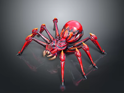 Mechanical Spider Red Black Futuristic Design With Multiple Legs Glossy Finish On Gray Background 3d model