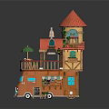 Cartoon Orange House with Red Roof Balcony Green Plants Awning and Tables Chairs on Terrace