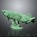 Green Fish Sculpture With Detailed Scales Yellow Eyes And Wave Base Design