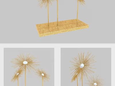 Modern Golden Decorative Ornament Set With Spiky Design And White Spherical Accents On Wooden Base 3d model