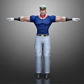 3D Character Model With Blue Tight Shirt Cap Red Scarf Blue Belt And Arms Outstretched