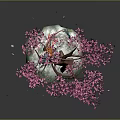 Pink Cherry Blossom Tree with Small Fox Underneath Falling Petals and Island Base