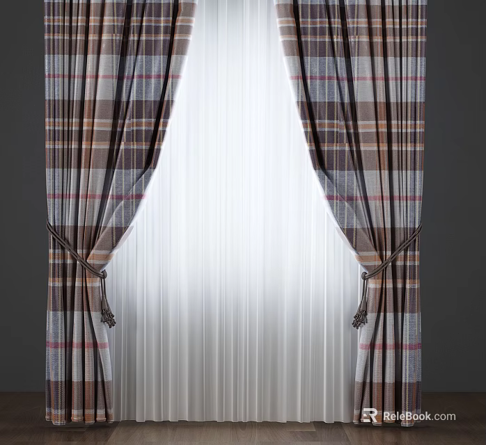 Open Plaid Curtains Featuring Brown Red White Patterns With Sheer Curtain Center 3d model 
