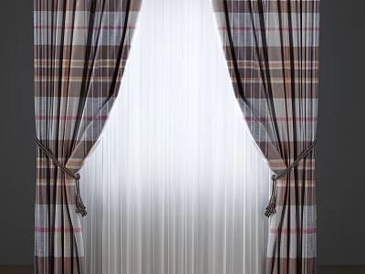 Open Plaid Curtains Featuring Brown Red White Patterns With Sheer Curtain Center 3d model