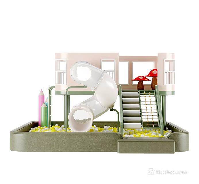 Vibrant Two Story Playground Equipment With Slide Stairs Mushroom Umbrellas Colorful Pillars And Ball Pit 3d model 