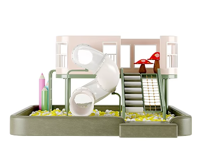 Vibrant Two Story Playground Equipment With Slide Stairs Mushroom Umbrellas Colorful Pillars And Ball Pit 3d model