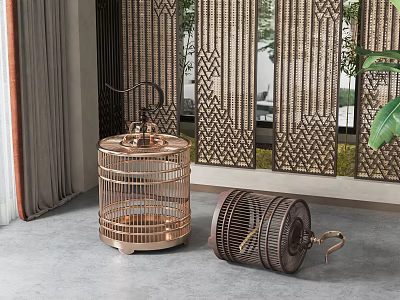 Ornamental Decorative Set with Brass Colored Birdcage and Bamboo Woven Decorative Piece in Indoor Area 3d model