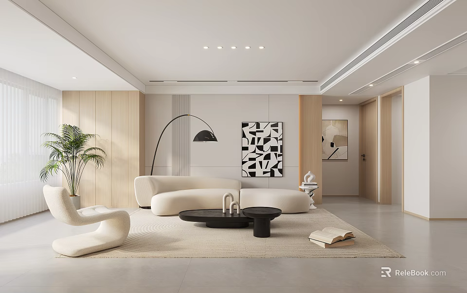 Modern Living Dining Room Interior Design With Beige Sofa Black Coffee Table And Abstract Painting 3d model 
