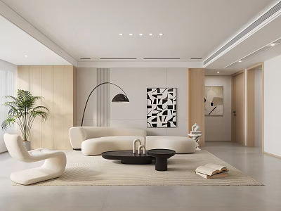 Modern Living Dining Room Interior Design With Beige Sofa Black Coffee Table And Abstract Painting 3d model