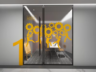 Creative Studio Wall Design with Glass Door Yellow Gears and Human Figures 3d model