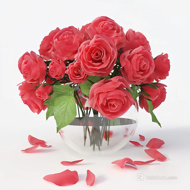 Fresh Pink Roses Arrangement in Transparent Glass Vase with Green Leaves and Scattered Petals 3d model 
