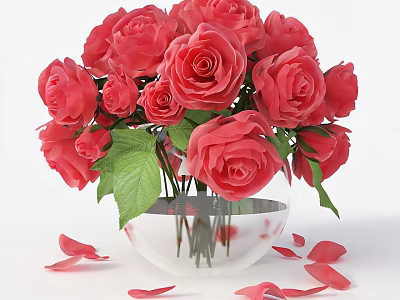 Fresh Pink Roses Arrangement in Transparent Glass Vase with Green Leaves and Scattered Petals 3d model