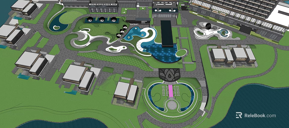 Residential Landscape Design With Lush Green Areas Water Features And Curved Pathways 3d model 