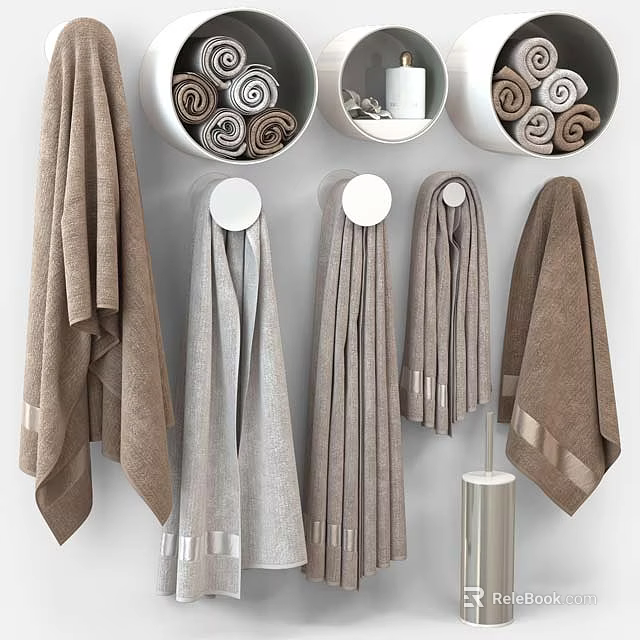 Neutral Tones Bathroom Towels Hanging On Racks And Rolled In Containers 3d model 