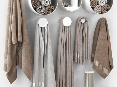 Neutral Tones Bathroom Towels Hanging On Racks And Rolled In Containers 3d model