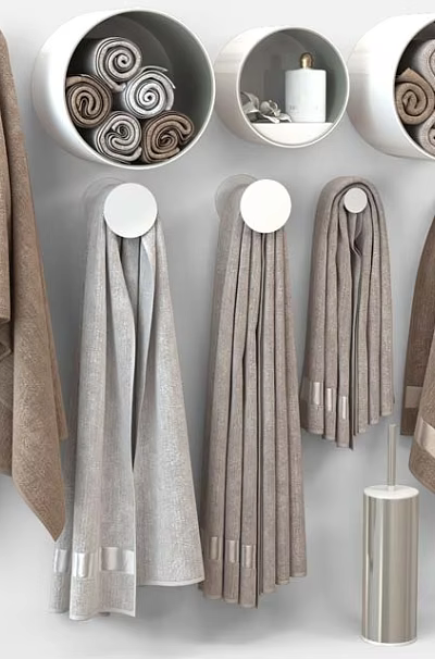 Neutral Tones Bathroom Towels Hanging On Racks And Rolled In Containers 3d model