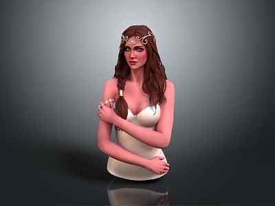 Game Movie Female Character With Long Brown Braided Hair And Golden Headpiece In White Dress 3d model