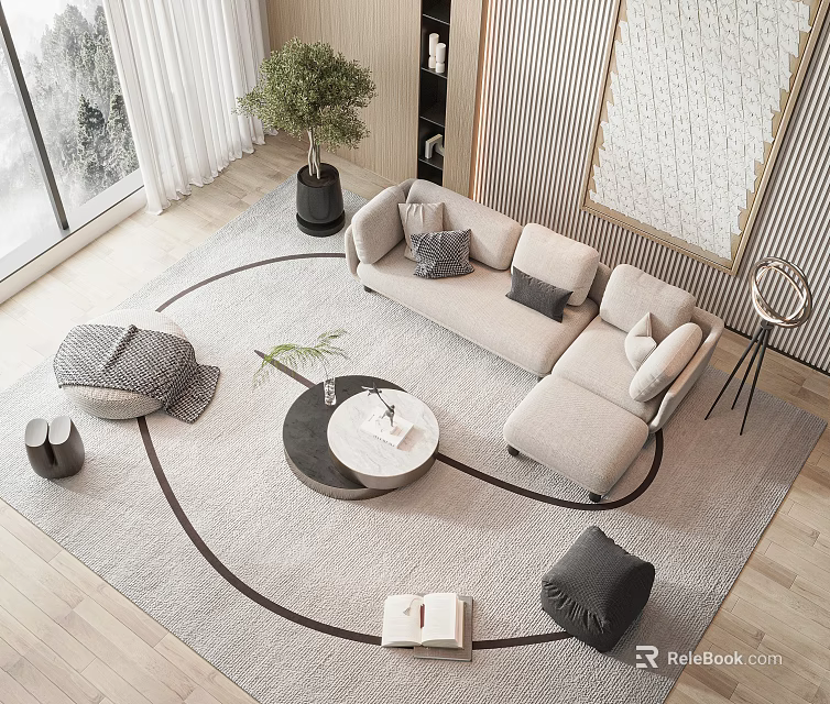 Modern Minimalist Sofa Coffee Table Set With Rugs Poufs Cushions 3d model