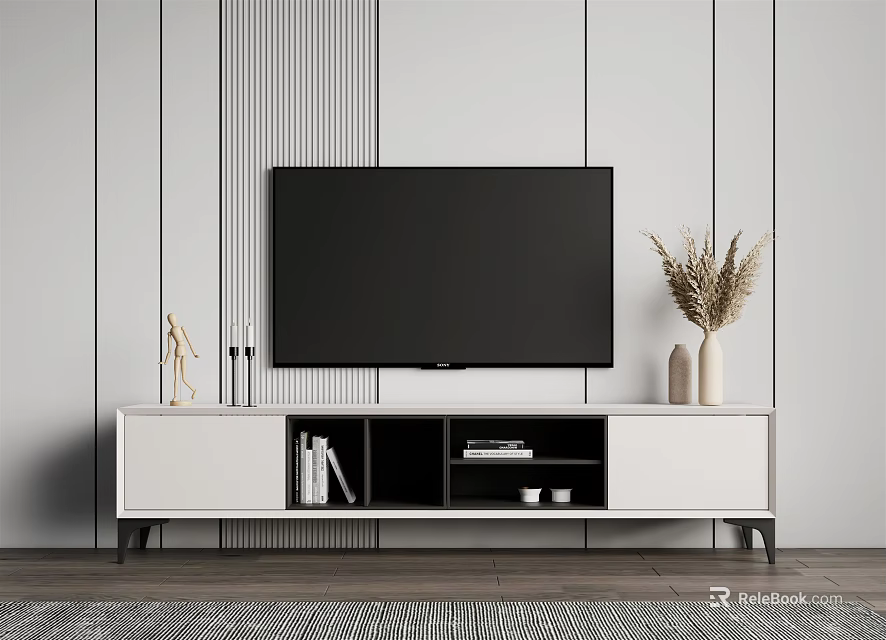 Modern White TV Stand With Open Storage TV Decorative Vase And Sculpture 3d model 