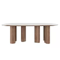 Oval Dining Table With White Marble Top And Four Wooden Legs Design