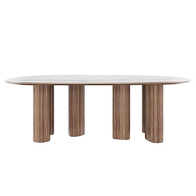 Oval Dining Table With White Marble Top And Four Wooden Legs Design 3d model