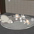 Stuffed Gray Bear on Round White Rug with Blocks Toy Car Light Lattice Wall Curtain