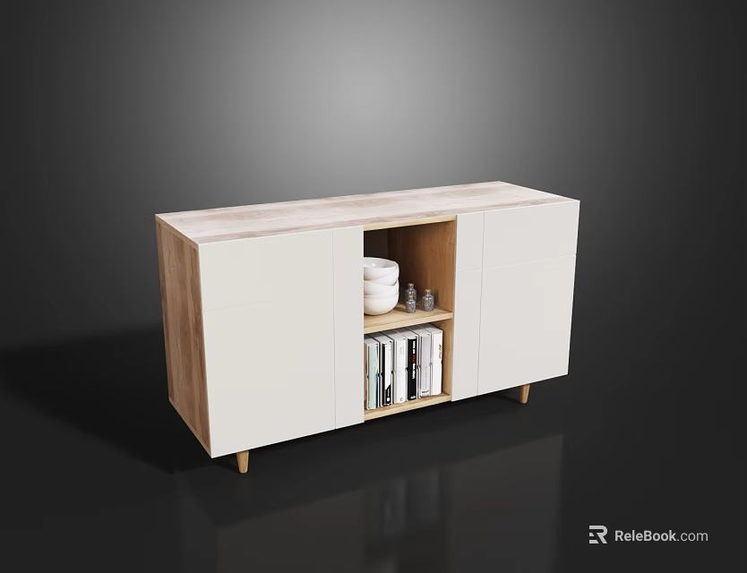 Modern Entryway Cabinet With White Doors Natural Wood Legs Open Shelf Vase And Books 3d model 