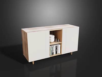 Modern Entryway Cabinet With White Doors Natural Wood Legs Open Shelf Vase And Books 3d model