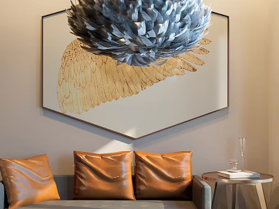 Unique Shaped Chandelier in Modern Living Room with Brown Leather Cushions and Golden Wing Painting 3d model