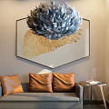 Unique Shaped Chandelier in Modern Living Room with Brown Leather Cushions and Golden Wing Painting