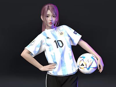 Pink Haired Woman Wearing Argentina 10 Soccer Jersey Holding Soccer Ball On Black Background 3d model