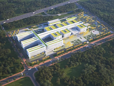 Aerial View Planning of Large Campus with Green Roof Buildings Surrounding Trees and Road Network 3d model