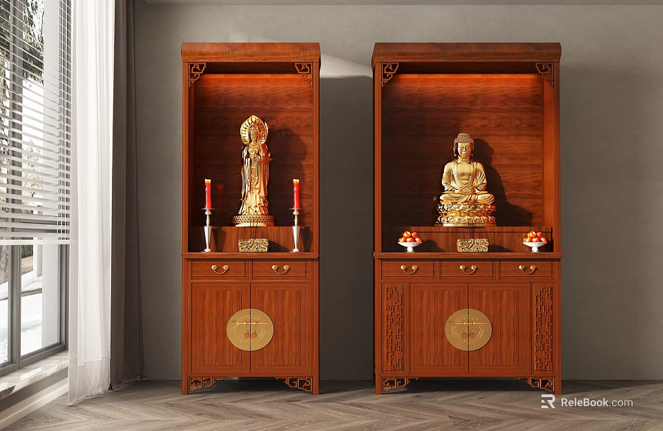 Elegant Carved Wooden Buddhist Shrine Cabinet with Buddha Statues Candles and Offerings 3d model 