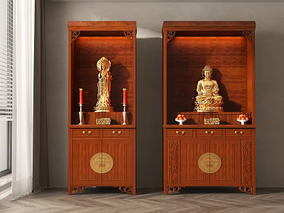 Elegant Carved Wooden Buddhist Shrine Cabinet with Buddha Statues Candles and Offerings 3d model