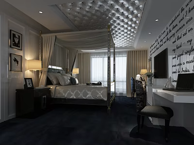 Hotel Guest Room With Four Poster Bed Diamond Patterned Ceiling And Decorative Paintings 3d model