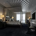 Hotel Guest Room With Four Poster Bed Diamond Patterned Ceiling And Decorative Paintings
