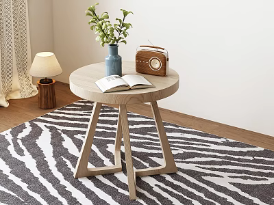 Simple Design Wooden Round Side Table With Blue Vase Green Plant Open Book Vintage Radio 3d model