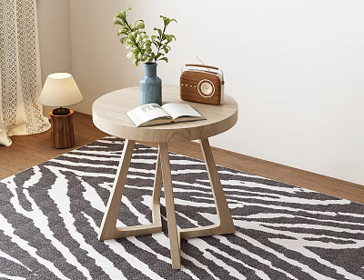 Simple Design Wooden Round Side Table With Blue Vase Green Plant Open Book Vintage Radio 3d model