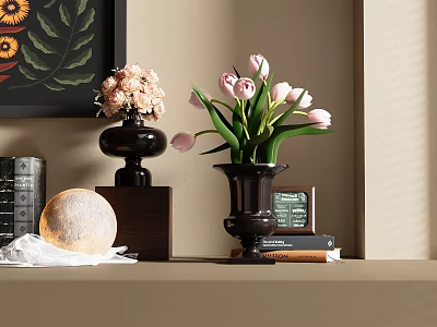Decorative Ornament Set With Pink Bouquet Tulips Vases Moon Shaped Ornament Books And Sunflower Art 3d model
