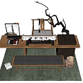 Natural Wooden Tea Table and Bench Setup With Decorative Branch Tea Sets and Rug