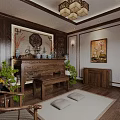 Traditional Chinese Religious Worship Space With Wooden Shrine Lantern Lights And Decorative Plants