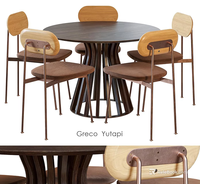 Stylish Round Dining Table Set With Wooden Upholstered Chairs And Unique Metal Base 3d model 