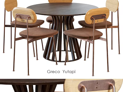 Stylish Round Dining Table Set With Wooden Upholstered Chairs And Unique Metal Base 3d model