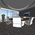 Modern Conference Room Interior With Large Windows View Brown Sofas Coffee Table Circular Ceiling Light 3d model